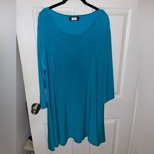 Sympli Deco Tunic Top Laser Cut Teal Blue Stretch Jersey Flare Plus Size 18 2-3X